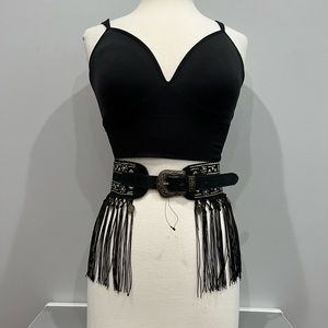 Free People Suede Fringe Embroidered Corset Black Boho Hippie Belt Womens S 28